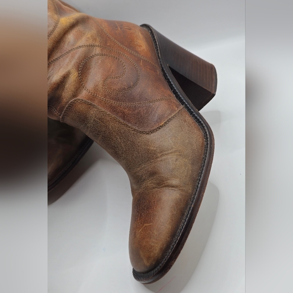FRYE Vintage Retro Swirl Stitching Tall Chunky High Heel Brown Leather Boots - Picture 6 of 9